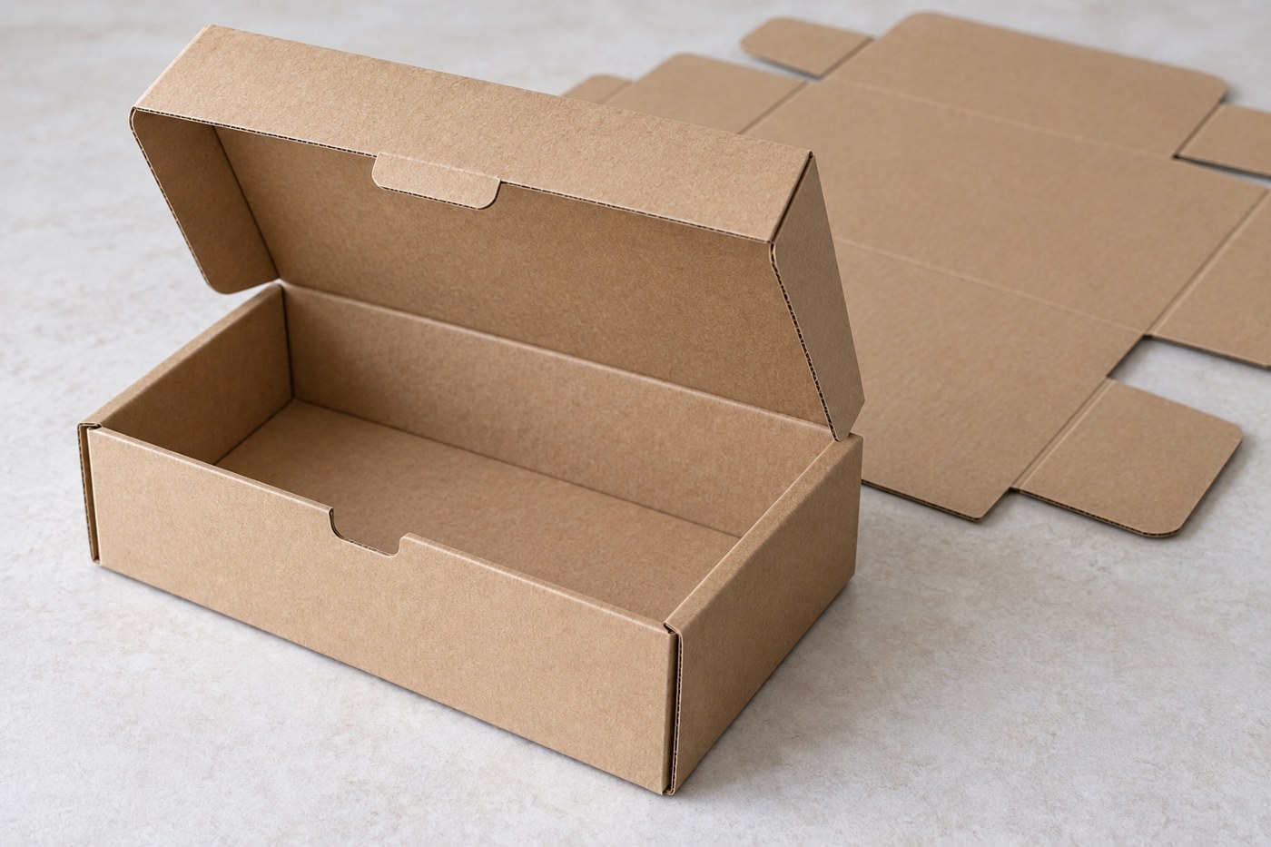 Caja automontable de cartón con tapa abierta