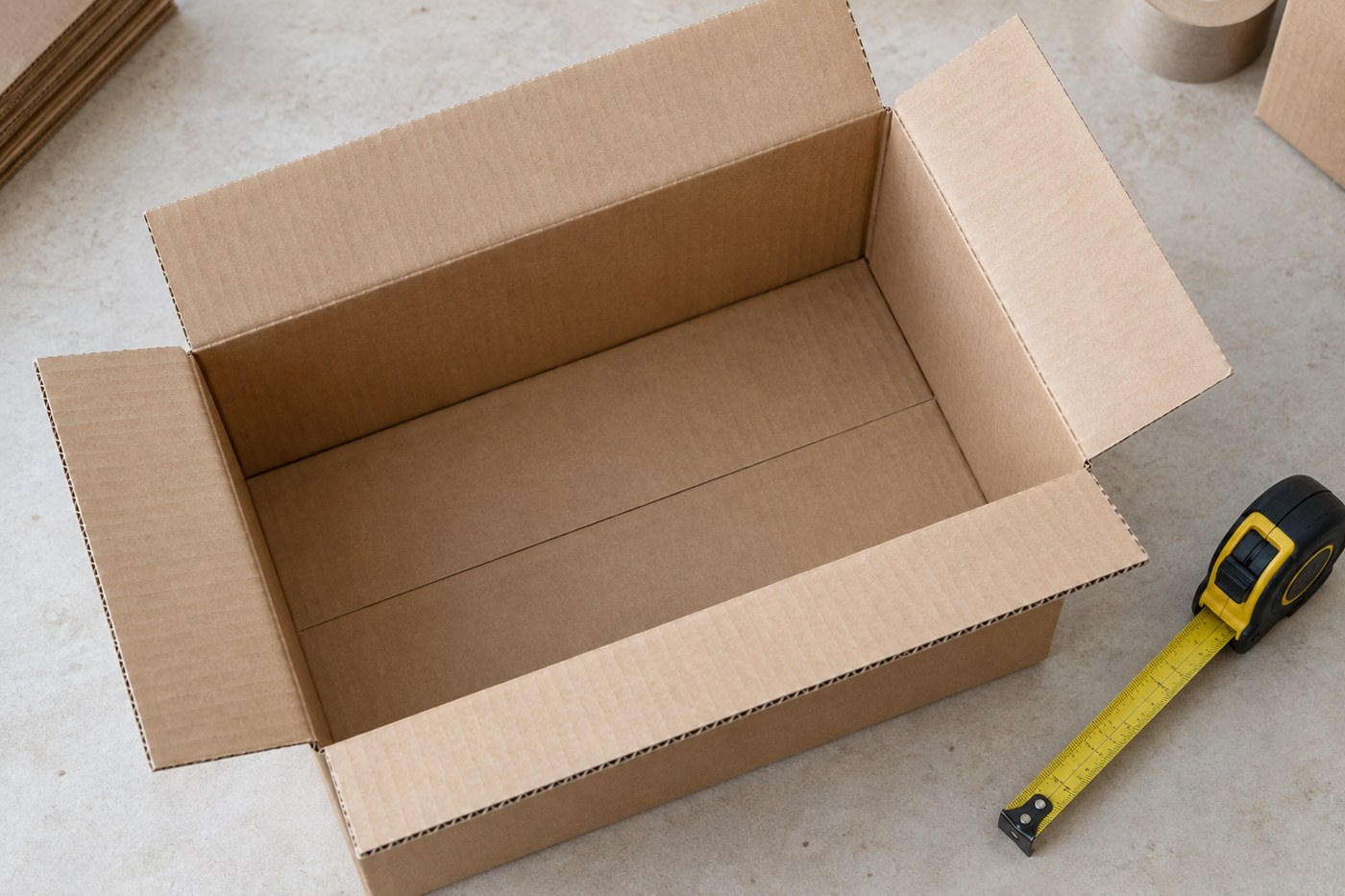 Caja de cartón y cinta métrica para medir el embalaje