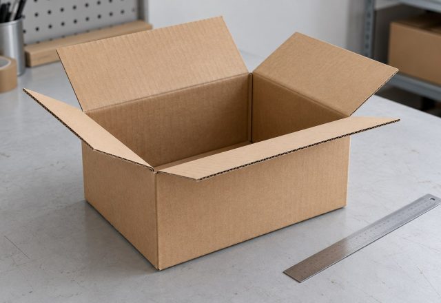 Caja de cartón abierta junto a una regla para comprobar sus medidas