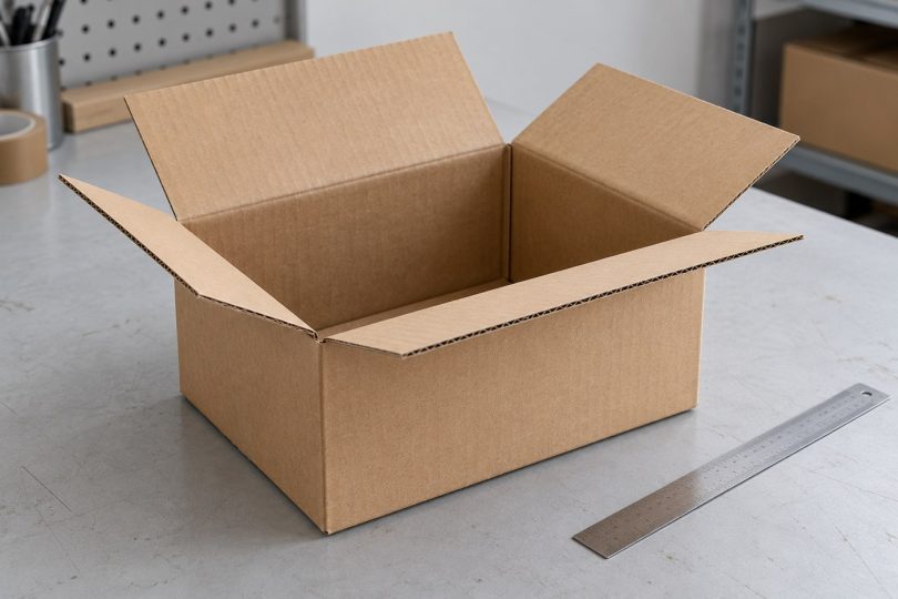 Caja de cartón abierta junto a una regla para comprobar sus medidas