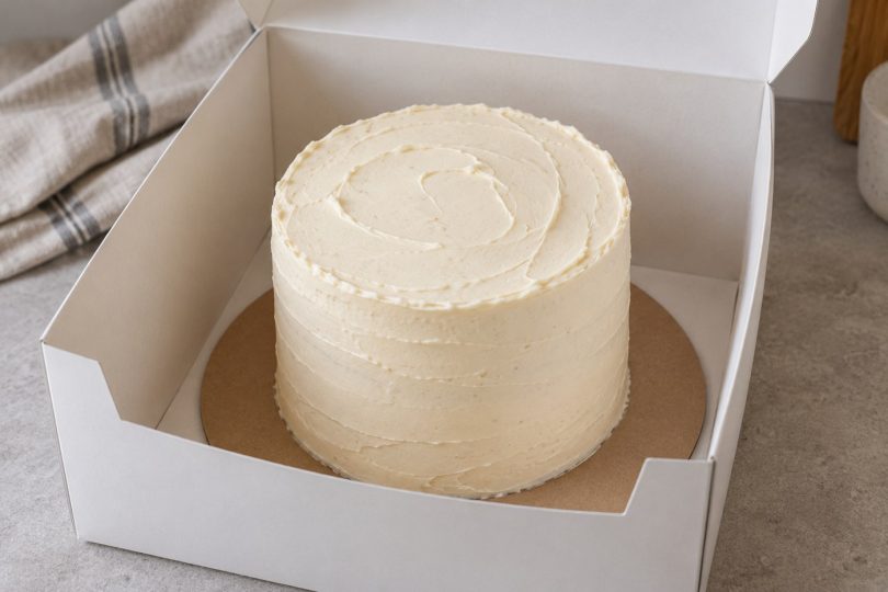 Tarta alta sobre una base dentro de una caja blanca