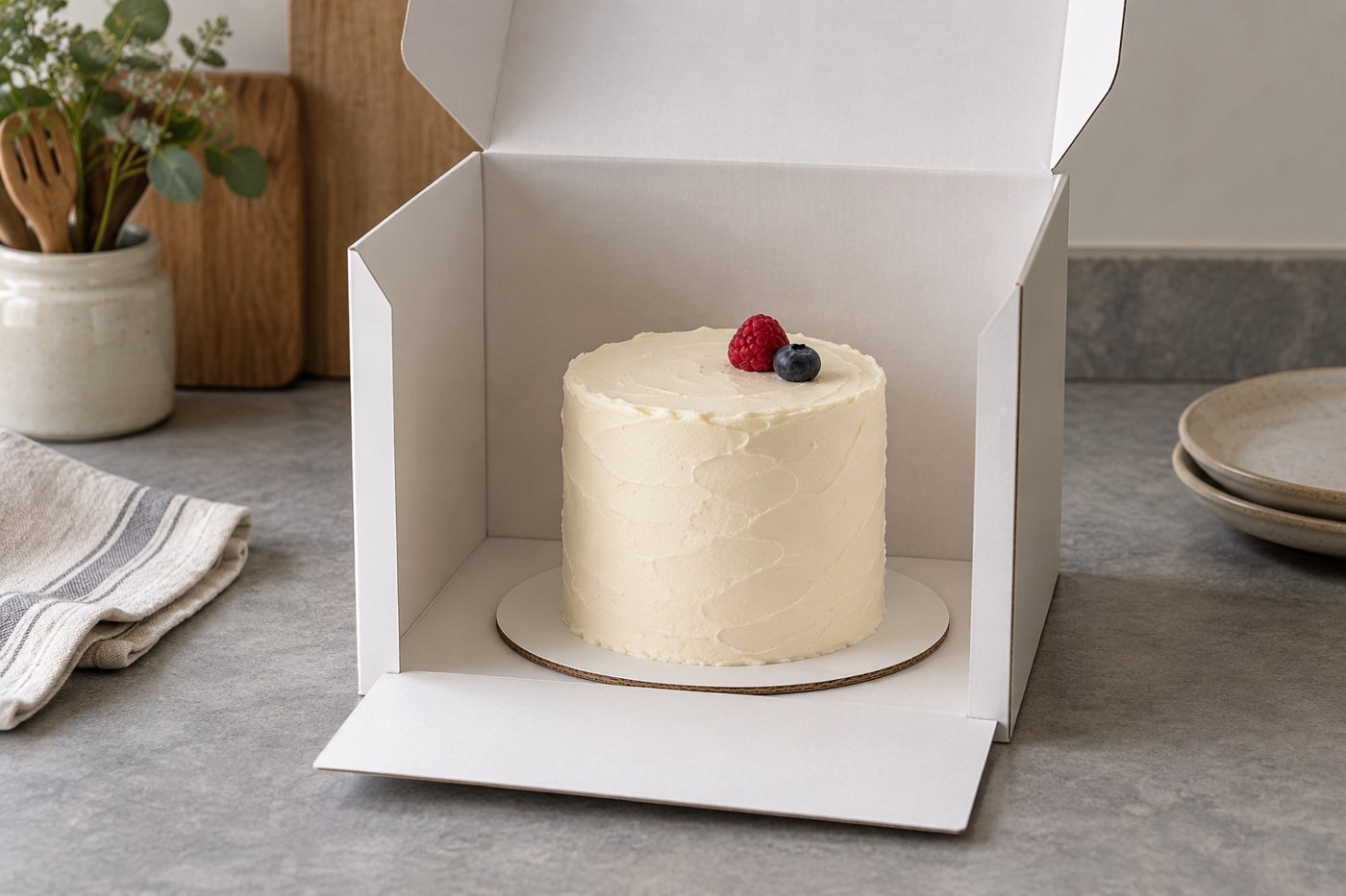 Tarta dentro de una caja blanca abierta