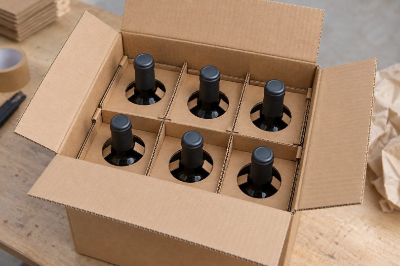 Botellas de vino con separador de cartón alrededor del cuello
